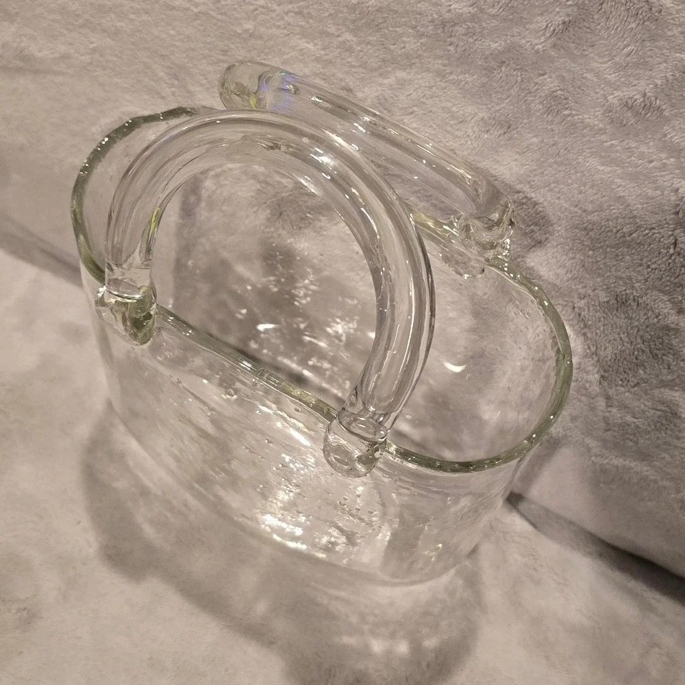Hand Blown Clear Seeded Glass Purse Vase Handbag Tote Decorative Art Glass